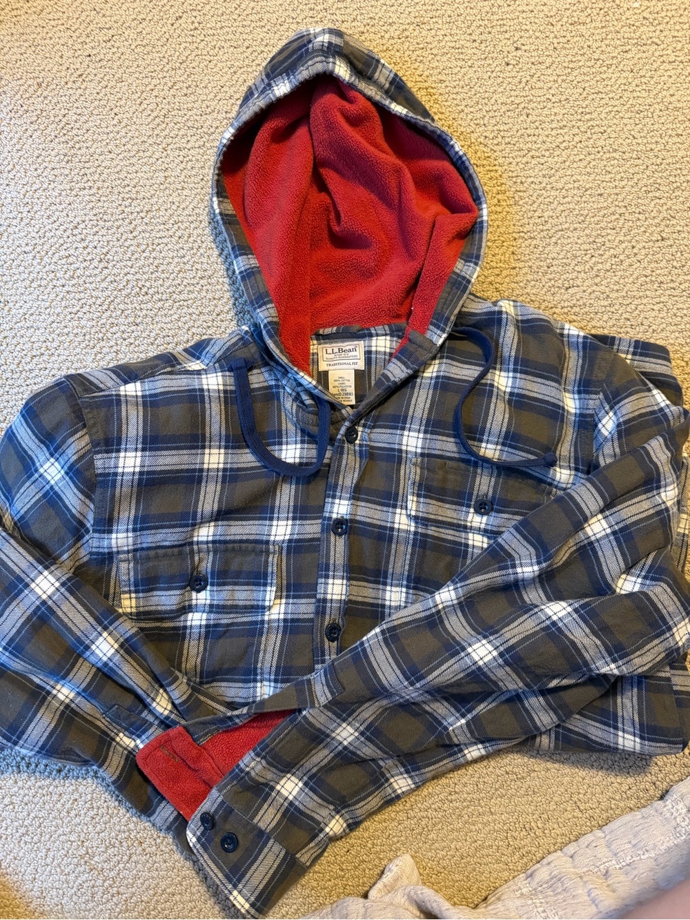L.L.Bean Blue and Red Plaid Hooded Flannel Jacket